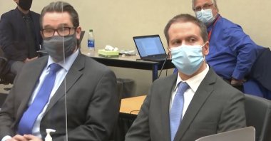 In this image from video, defense attorney Eric Nelson (L) and defendant, former Minneapolis Police Officer Derek Chauvin, arrive for the verdict in Chauvin's trial for the 2020 death of George Floyd, at the Hennepin County Courthouse in Minneapolis, Minnesota, U.S., Tuesday, April 20, 2021. (Court TV via AP)