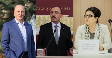 New Minister of Social Security Vedat Bilgin (L), new Trade Minister Mehmet Muş (C) and new Minister of Family and Social Services Derya Yanık are seen in this combination photo.
