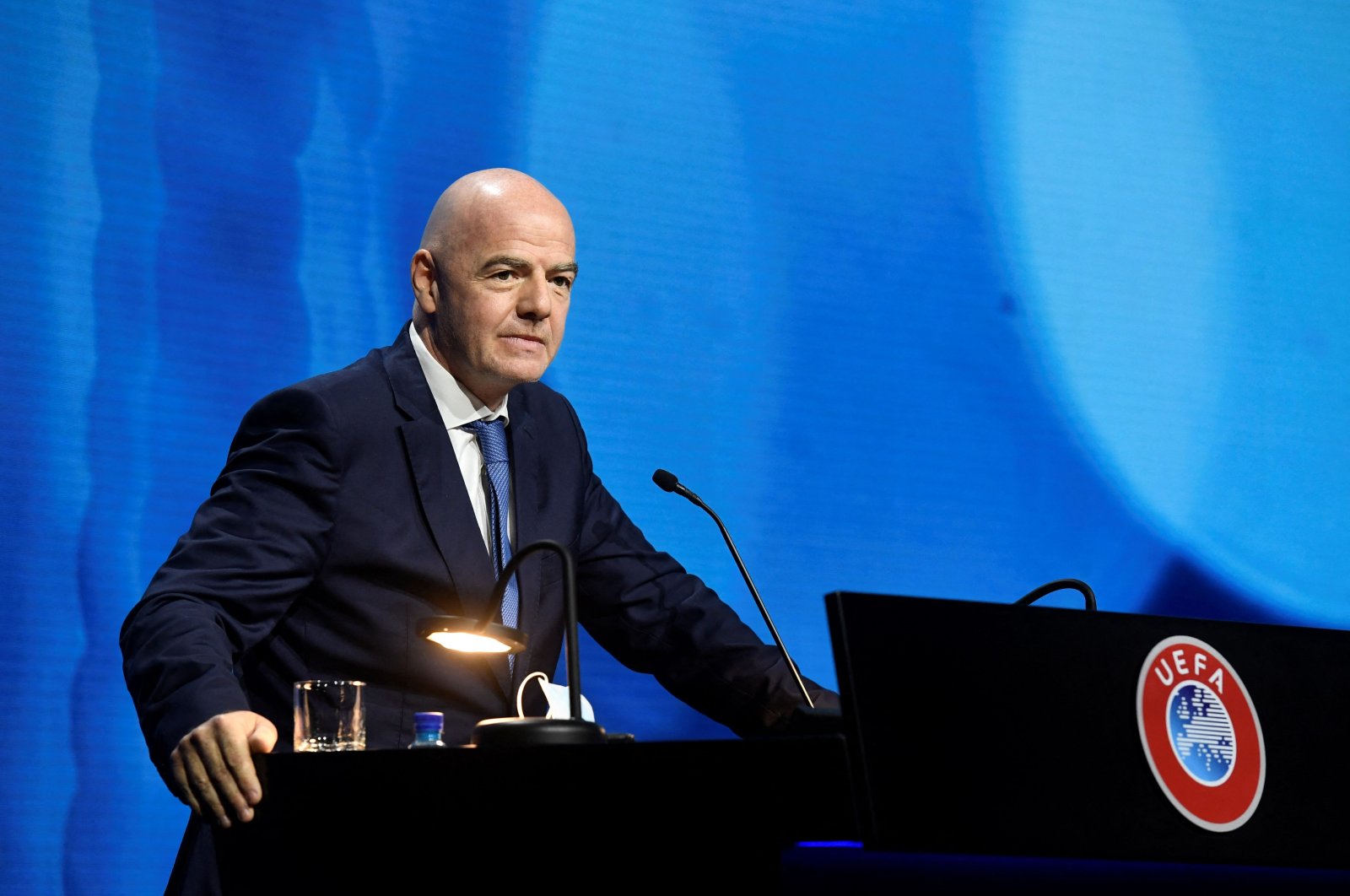 FIFA President Gianni Infantino addresses the UEFA Congress in Montreux, Switzerland, April 20, 2021. (UEFA/AFP Photo)