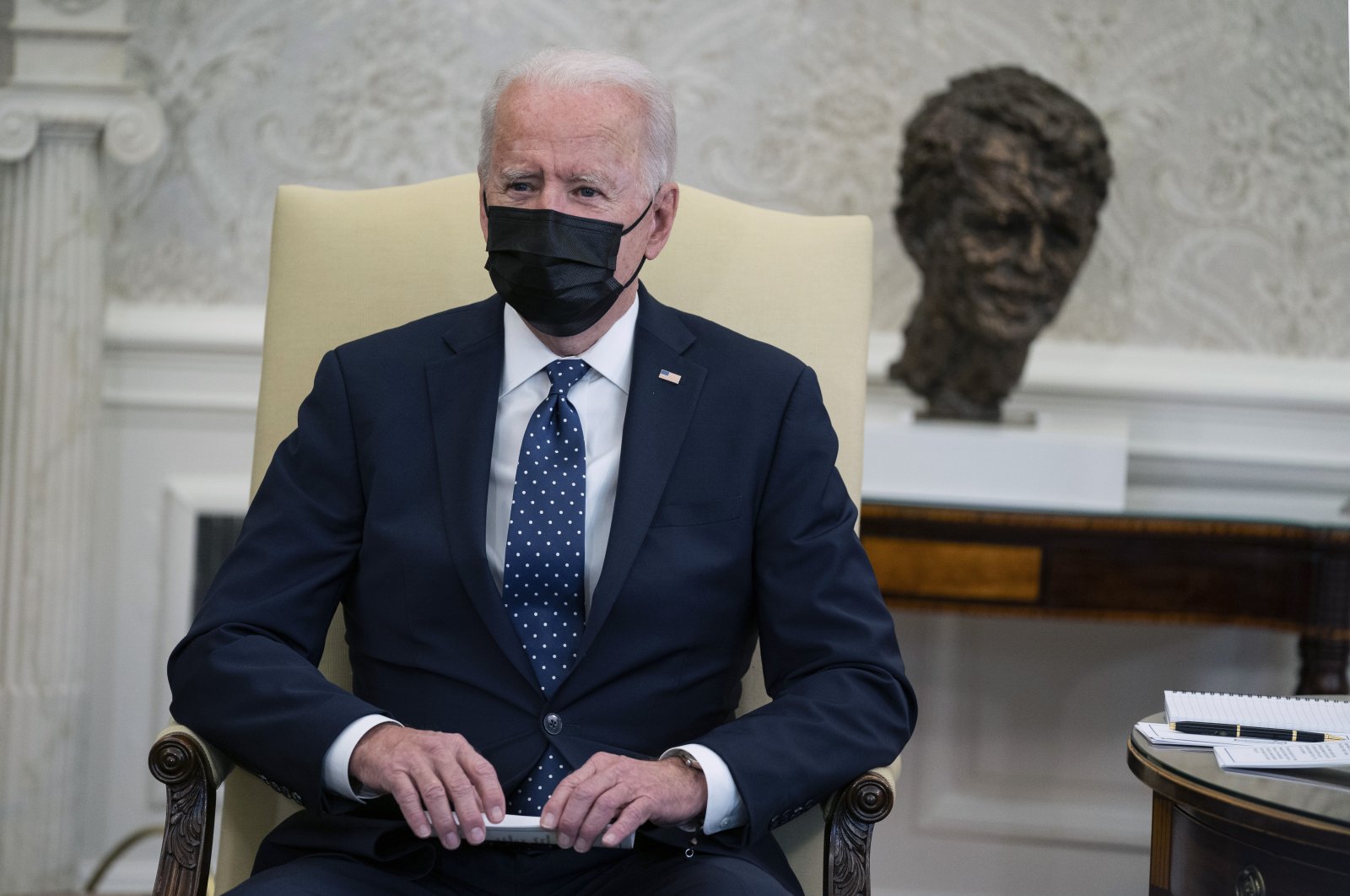 U.S. President Joe Biden speaks during a meeting with members of the Congressional Hispanic Caucus, in the Oval Office of the White House, Washington, U.S., Tuesday, April 20, 2021. (AP Photo)