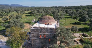 Restorers work on the exterior facade and dome of the Yelli mosque in the ancient city of Beçin, Muğla, southwestern Turkey, April 20, 2021. (AA Photo)