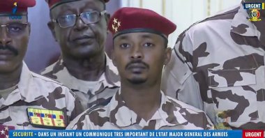 Mahamat Idriss Deby Itno (C), 37, the son of Chadian President Idriss Deby Itno, is seen during a military broadcast announcing the death of his father on state television on April 20, 2021. (AP Photo)