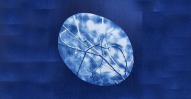 Aslı Narin, “Signals and Exchanges 15," 2021, cyanotype printing on watercolor paper, 22 by 9 by 30 centimeters.