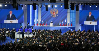 Russian President Vladimir Putin (C), gives his annual state of the nation address in Manezh, Moscow, Russia, April 21, 2021. (AP Photo)