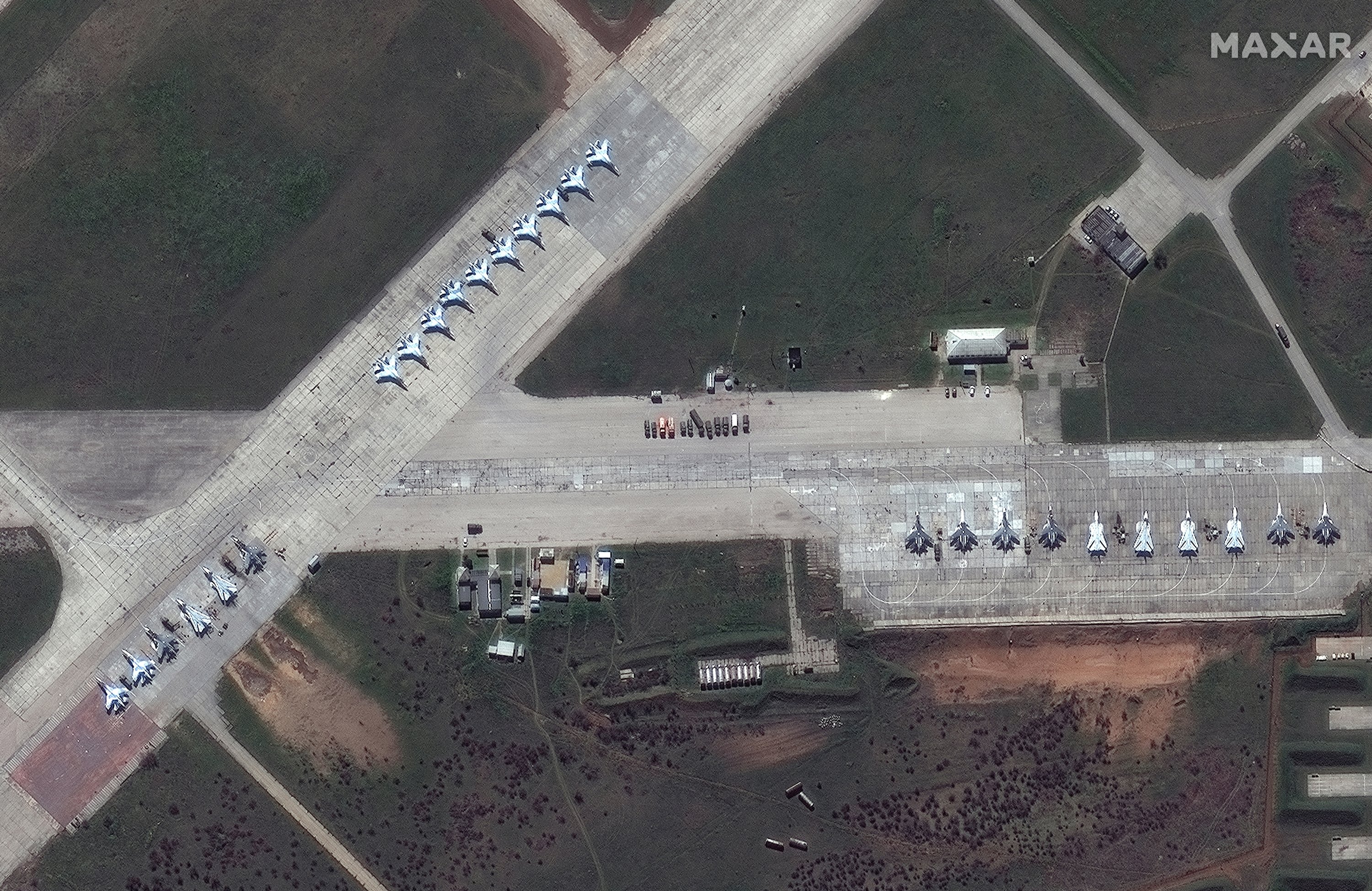 Russian military helicopters at Saki Airbase, Crimea, April 16, 2021. (Maxar Technologies via AP)