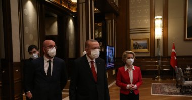 President Recep Tayyip Erdoğan receives European Council President Charles Michel and European Commission President Ursula von der Leyen at the Presidential Complex in Ankara, Turkey, April 6, 2021. (Courtesy of the EU Delegation to Turkey)