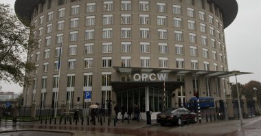 Exterior view of the headquarters of the world's chemical watchdog OPCW, in The Hague, Netherlands, Friday, Oct. 11, 2013. (AP Photo)