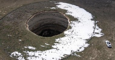 An aerial view of a sinkhole, in Konya, central Turkey, April 13, 2021. (AFP PHOTO)