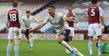 Manchester City's Rodrigo celebrates scoring against Aston Villa in a Premier League match at Villa Park, Birmingham, Britain, April 21, 2021. (Reuters Photo)