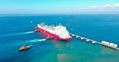 Turkey’s first floating storage and regasification unit (FSRU) Ertuğrul Gazi arrives at the port in Dörtyol in Turkey’s southern province of Hatay, Turkey, April 22, 2021. (AA Photo)