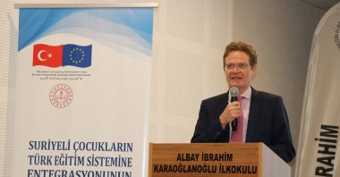 Nikolaus Meyer-Landrut, head of the EU Delegation to Turkey speaking at the Albay İbrahim Karaoğlanoğlu Primary School, April 22, 2021 (AA Photo)