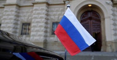 The Russian national flag is seen on a car in front of the Foreign Ministry in Prague, Czech Republic, April 21, 2021. (Reuters Photo)