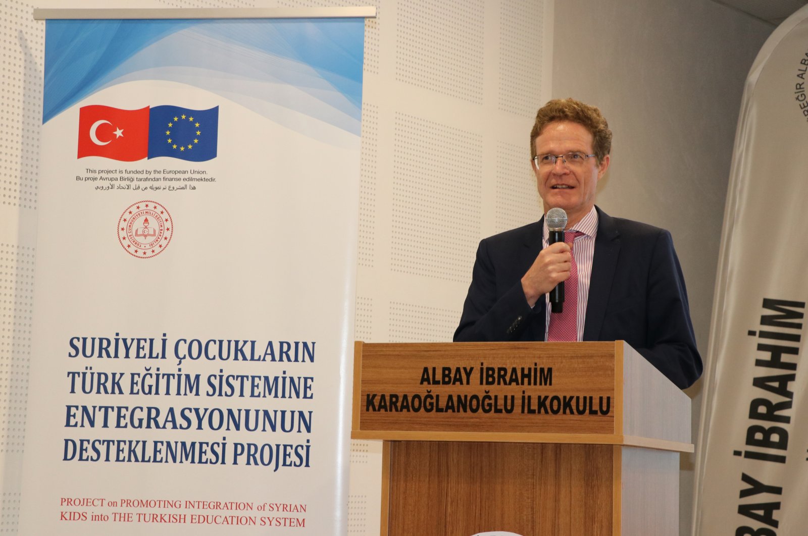 Nikolaus Meyer-Landrut, head of the EU Delegation to Turkey speaking at the Albay İbrahim Karaoğlanoğlu Primary School, April 22, 2021 (AA Photo)