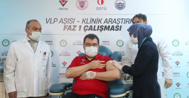 Scientific and Technological Research Council of Turkey (TÜBITAK) President Hasan Mandal receives a dose in the Phase 1 trial of a vaccine, in the capital Ankara, Turkey, April 17, 2021. (AA PHOTO)