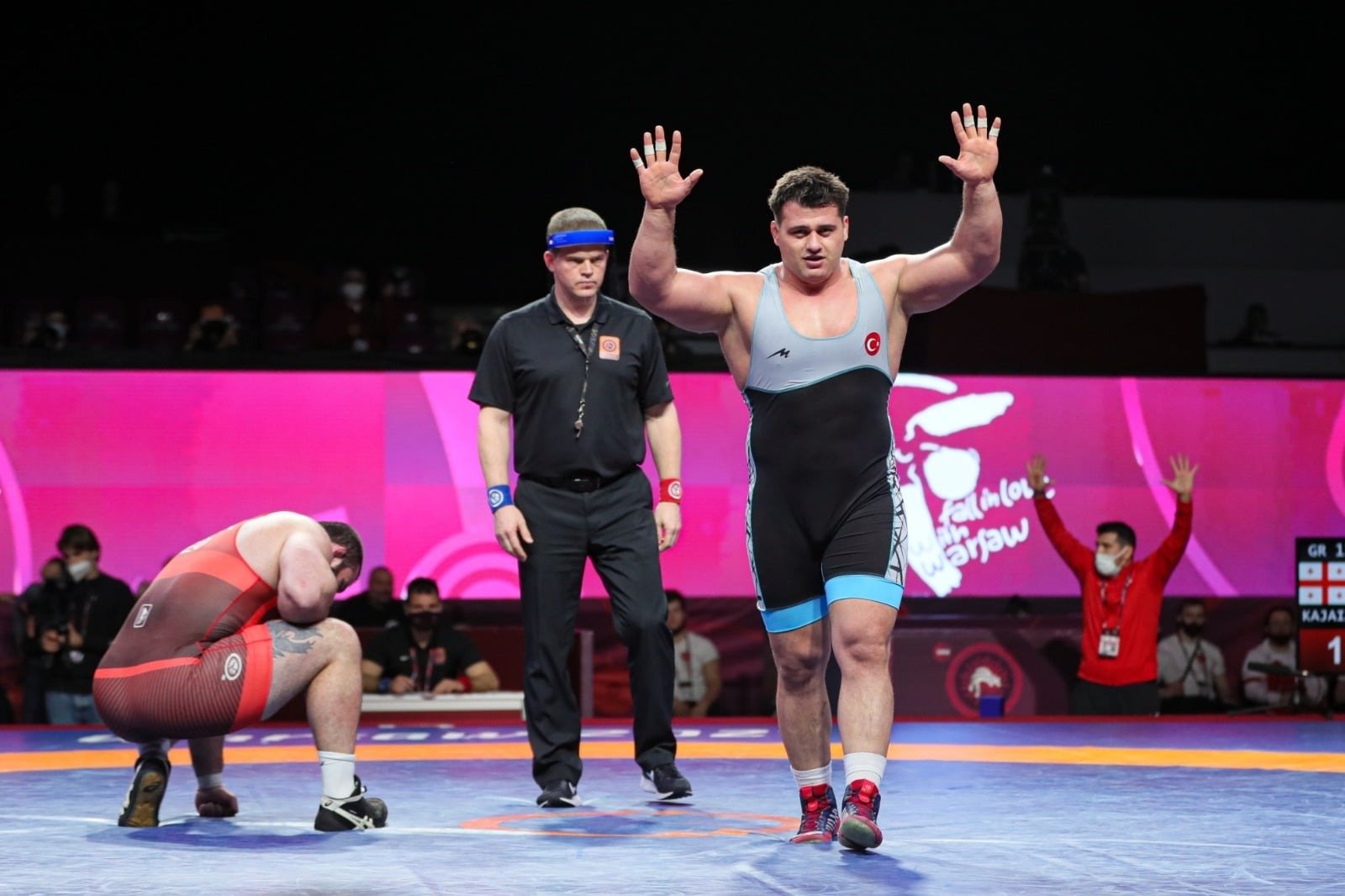 Rıza Kayaalp celebrates after winning the European title match in the 130 kg. category for the 10th time, Warsaw, Poland, April 24, 2021. (DHA Photo)