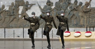 Turkish soldiers attend a wreath laying ceremony at the Turkish memorial to mark the 106th anniversary of the World War I battle of Gallipoli, in Çanakkale, Turkey, April 24, 2021. (Reuters Photo)
