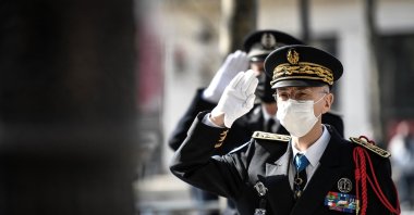 Paris police prefect Didier Lallement pays his respects during a ceremony in tribute to a French policeman who was killed in 2017, Paris, France, April 20, 2021. (AFP Photo)