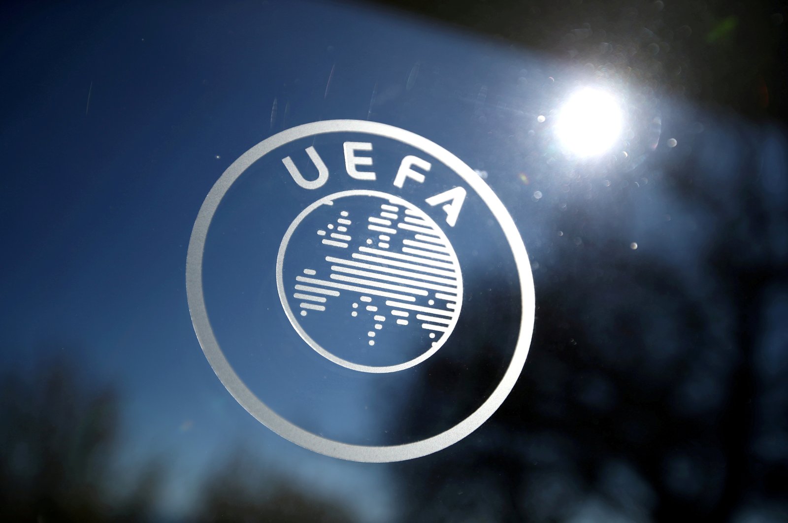 The UEFA logo displayed at the UEFA Headquarters in Nyon, Switzerland, Feb. 28, 2020. (Reuters Photo)