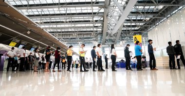 Airport staff line up to receive China's Sinovac COVID-19 vaccine at Suvarnabhumi Airport, Bangkok, Thailand, April 5, 2021. (Reuters Photo)