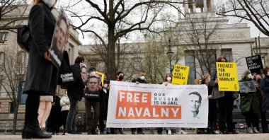 Activists from Amnesty International demonstrate outside the Russian embassy in Berlin, Germany, April 24, 2021, (AFP Photo)