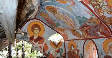 A mural covers the walls of the newly discovered secret chapel of Sümela Monastery, Trabzon, Turkey, April 26, 2021. (IHA Photo)