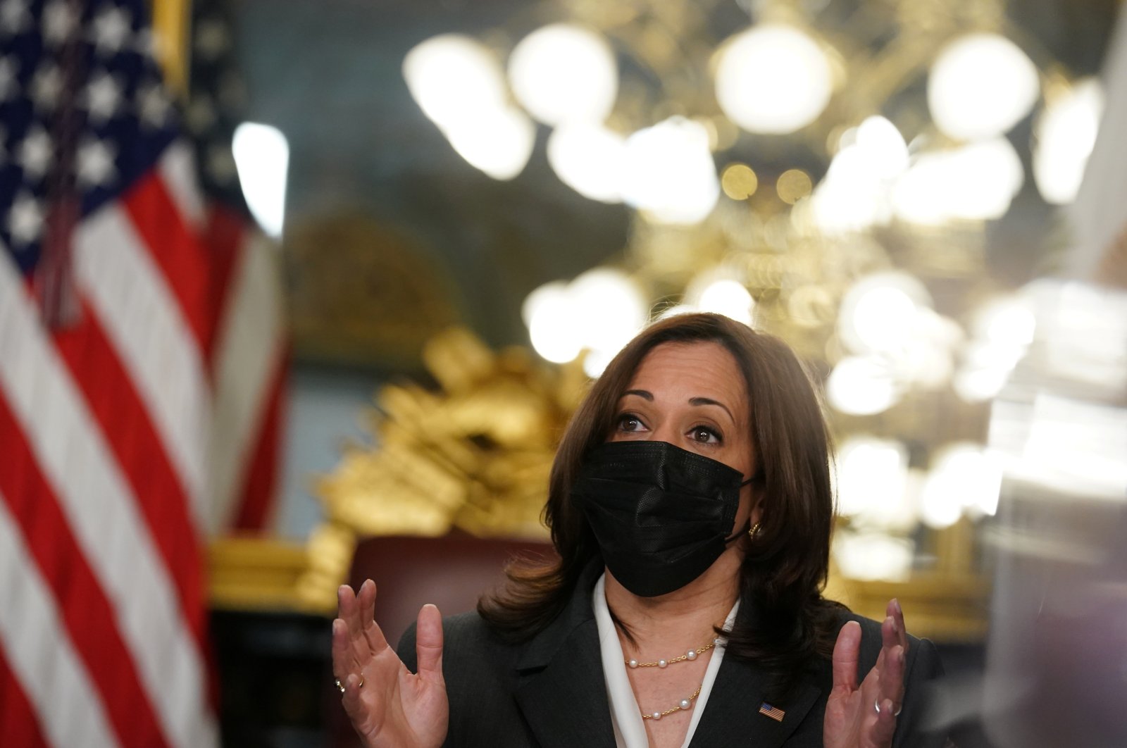 U.S. Vice President Kamala Harris holds a conversation with heads of foundations to discuss Northern Triangle countries of Central America and the surge of migrants to the southern border, at the White House in Washington, U.S., April 22, 2021. (Reuters Photo)