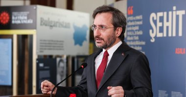 Turkish Presidency Communications Director Fahrettin Altun delivers a speech at an exhibition held in memory of Turkish diplomats killed by Armenian terror groups, in the capital Ankara, Turkey, April 26, 2021. (AA Photo)