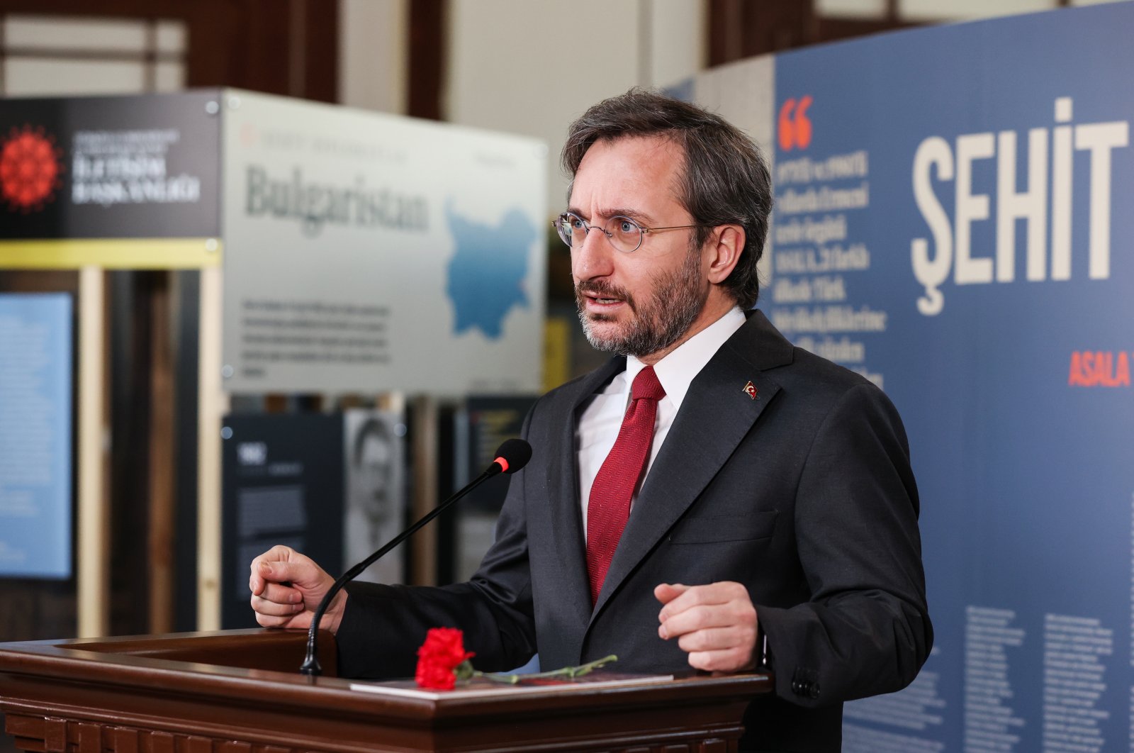 Turkish Presidency Communications Director Fahrettin Altun delivers a speech at an exhibition held in memory of Turkish diplomats killed by Armenian terror groups, in the capital Ankara, Turkey, April 26, 2021. (AA Photo)