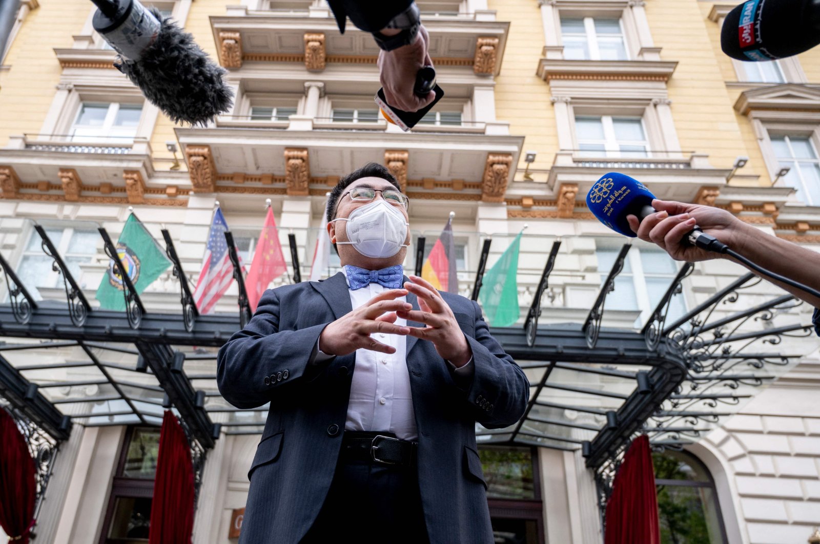 The ambassador of the Permanent Mission of the People's Republic of China to the United Nations, Wang Qun, speaks to journalists outside the Grand Hotel Wien after talks with Iran in Vienna, Austria, April 27, 2021. (AFP Photo)