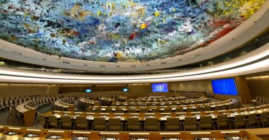 An undated photo of the ceiling of the Human Rights and Alliance of Civilizations Room of the United Nations Office in Geneva, Switzerland. (Getty Images)