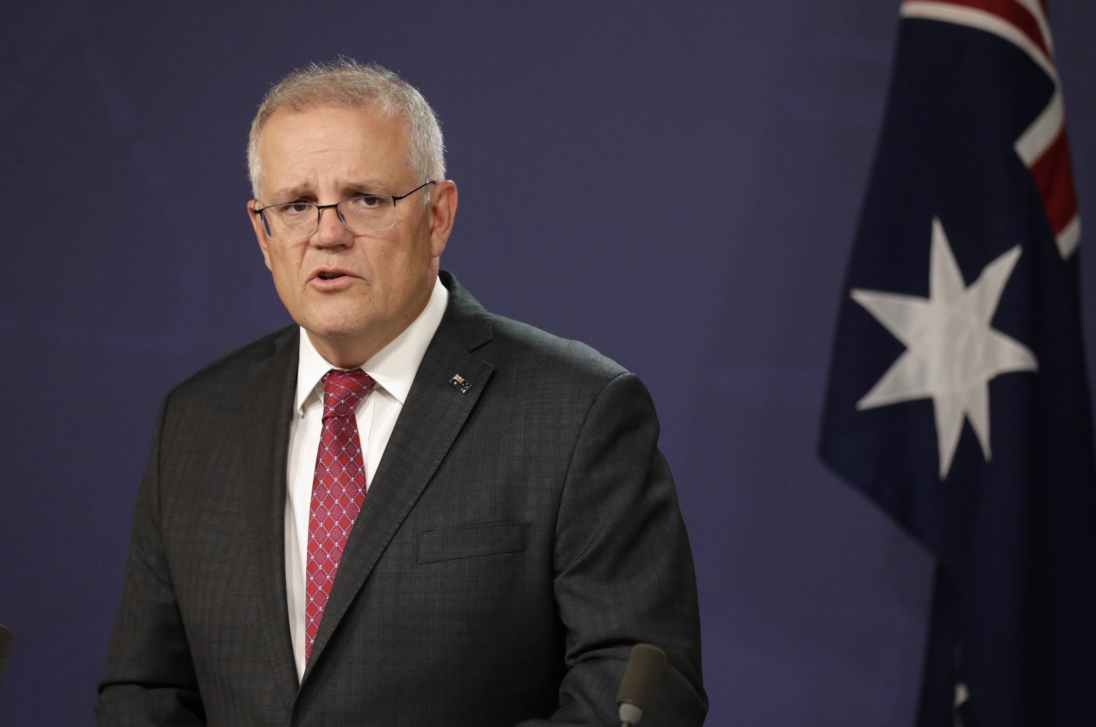 Australia's Prime Minister Scott Morrison comments at a press conference in Sydney, Australia, Tuesday, April 27, 2021. (AP Photo)