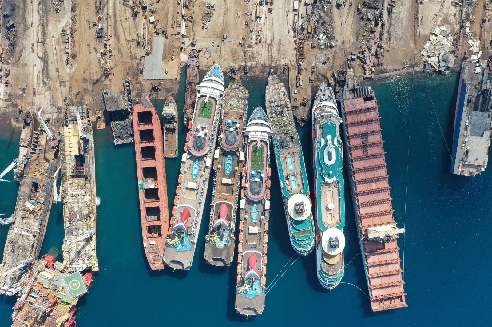 A drone image shows decommissioned cruise ships being dismantled at Aliağa ship-breaking yard in the Aegean port city of Izmir, western Turkey, Oct. 2, 2020. (Reuters Photo)