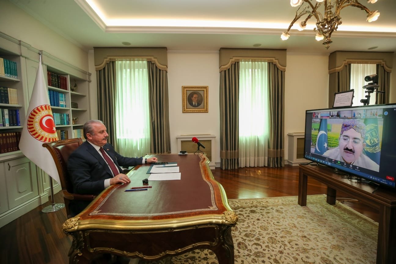 Parliament head Mustafa Şentop speaks at a videoconference meeting of Turkmenistan's parliament, Ankara, Turkey, April 28, 2021 (AA Photo)