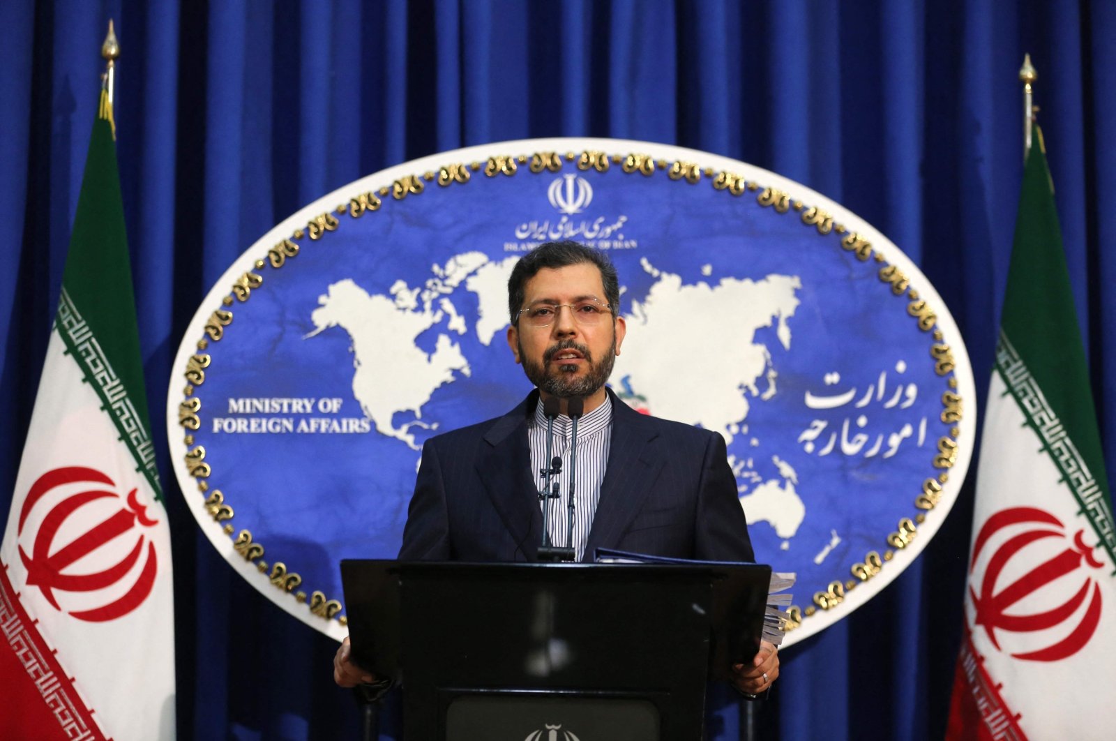 Iranian foreign ministry spokesman Saied Khatibzadeh speaks during a press conference in Tehran on Feb. 22, 2021. (AFP File Photo)