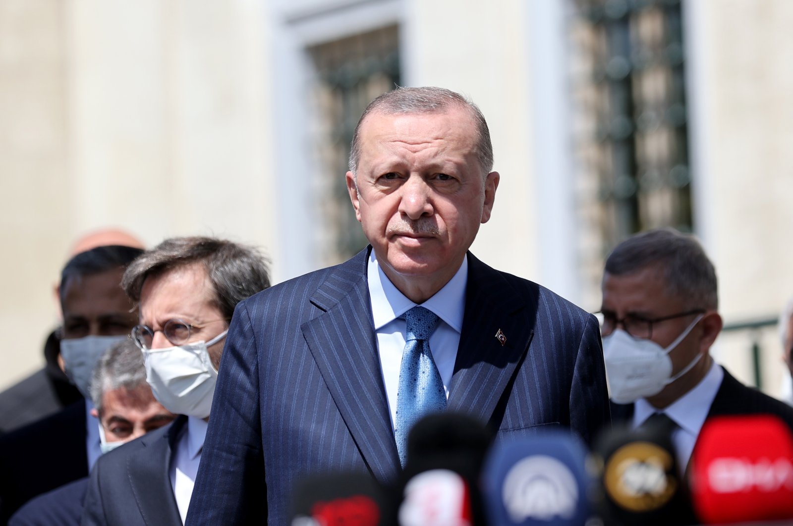 President Recep Tayyip Erdoğan speaks to reporters following Friday prayer in Istanbul, Turkey, April 30, 2021. (AA)