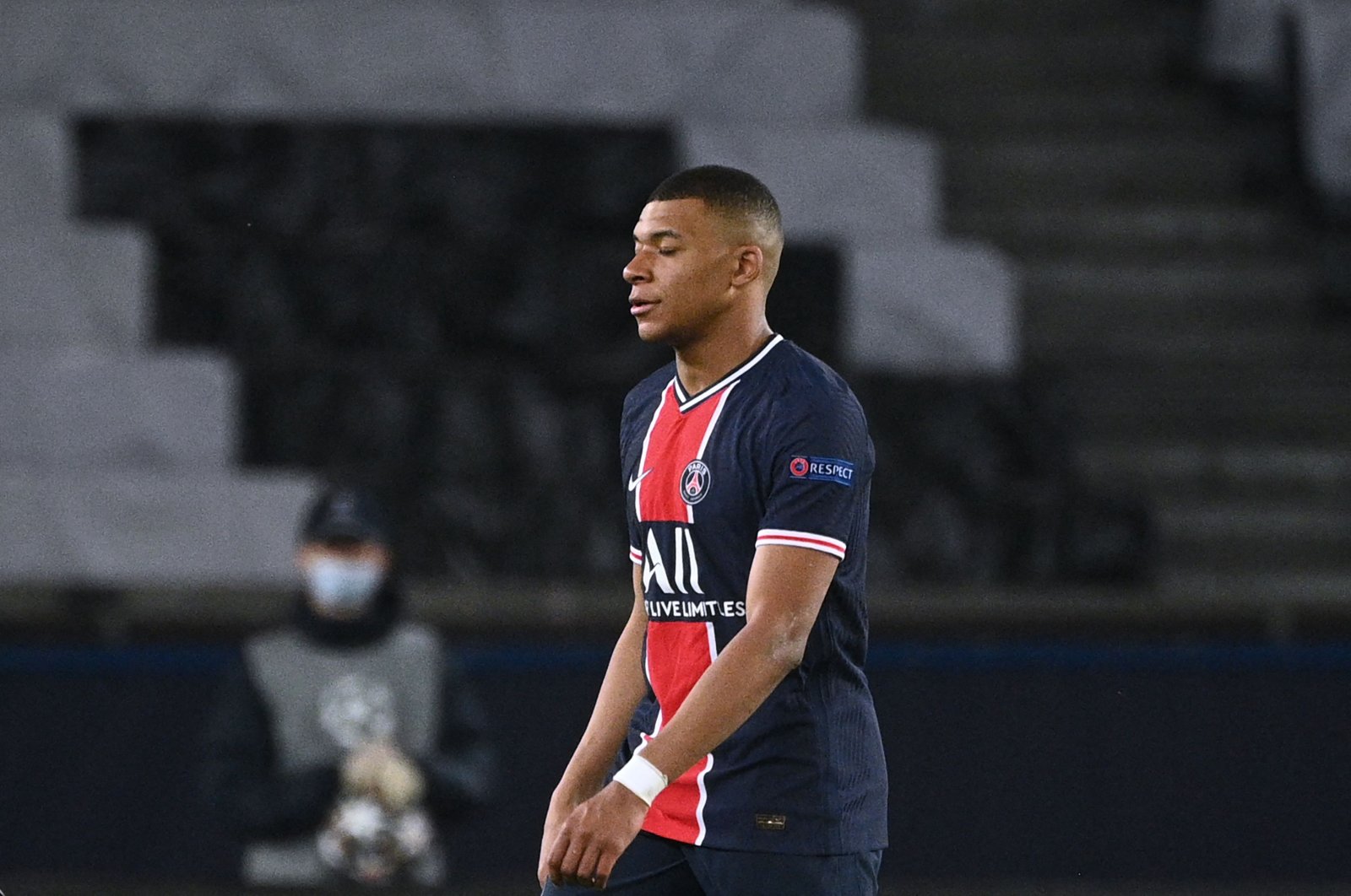 Paris Saint-Germain's French forward Kylian Mbappe reacts after losing the UEFA Champions League first-leg semifinal football match between PSG and Manchester City at the Parc des Princes stadium in Paris, France, April 28, 2021. (AFP Photo)