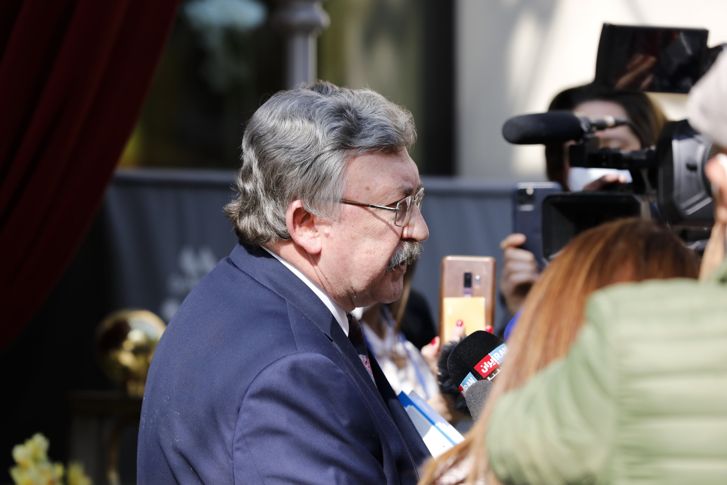 Russia's Governor to the International Atomic Energy Agency (IAEA), Mikhail Ulyanov addresses the media as he leaves the Grand Hotel Wien where closed-door nuclear talks with Iran take place in Vienna, Austria, May 1, 2021. (AP Photo)