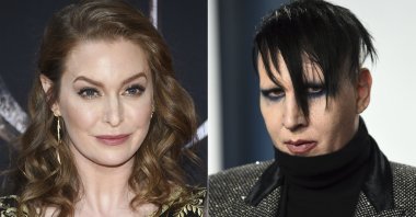 In this combination photo, actress Esmé Bianco appears at HBO's "Game of Thrones" final season premiere in New York, U.S., April 3, 2019, left, and musician Marilyn Manson appears at the Vanity Fair Oscar Party in Beverly Hills, Calif., U.S., Feb. 9, 2020. (AP Photo)