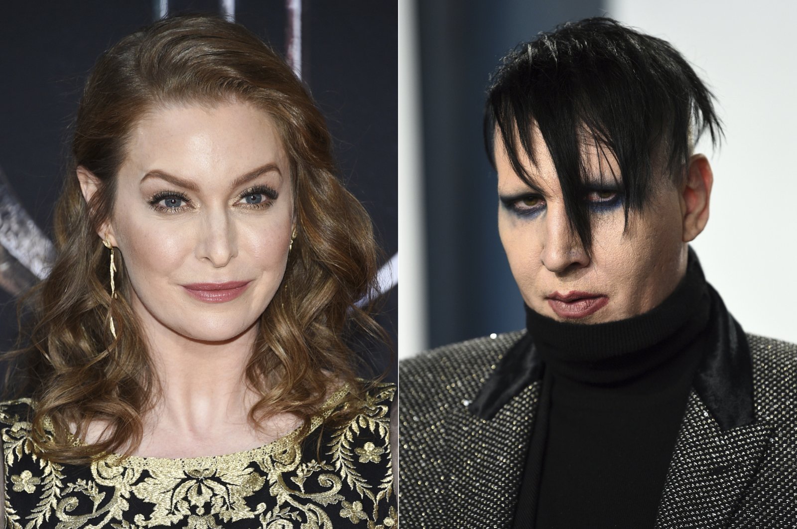In this combination photo, actress Esmé Bianco appears at HBO's "Game of Thrones" final season premiere in New York, U.S., April 3, 2019, left, and musician Marilyn Manson appears at the Vanity Fair Oscar Party in Beverly Hills, Calif., U.S., Feb. 9, 2020. (AP Photo)