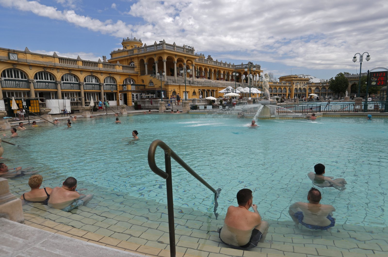 People visit the reopened Szechenyi bath in Budapest, Hungary, May 1, 2021. (AP Photo)