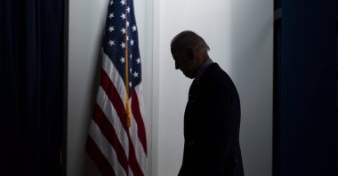 U.S. President Joe Biden walks off stage in the Eisenhower Executive Office Building in Washington, D.C., the U.S., April 21, 2021. (EPA Photo)