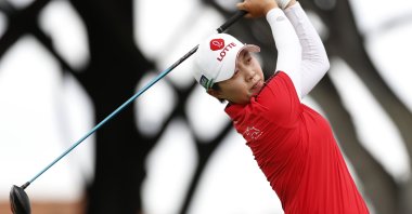 South Korea's Kim Hyo-joo watches her shot from the second tee during the final round of the Lotte Championship golf tournament, in Kapolei, Hawaii, April 17, 2021. (AP Photo)