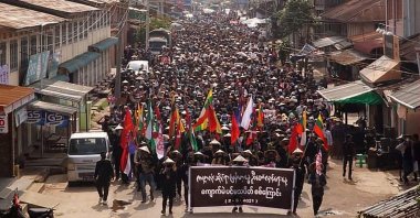 Protesters take part in a demonstration against the military coup on "Global Myanmar Spring Revolution Day" in Kyaukme, Shan State, Myanmar, May 2, 2021. (AFP Photo/Shwe Phee Myay News Agency)