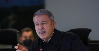 Defense Minister Hulusi Akar speaks at the Eskişehir Air Force Command headquarters in Eskişehir, Turkey, May 3, 2021. (AA Photo)