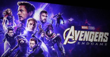 Artwork for the Marvel Studios film "Avengers: Endgame" appears on stage during the Walt Disney Studios Motion Pictures presentation at CinemaCon in Las Vegas, U.S., April 3, 2019. (AP Photo)