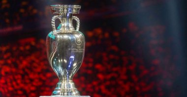 In this file photo taken on Nov. 30, 2019, the Euro Trophy is displayed on the stage during the UEFA Euro 2020 football competition final draw in Bucharest, Romania. (AFP Photo)