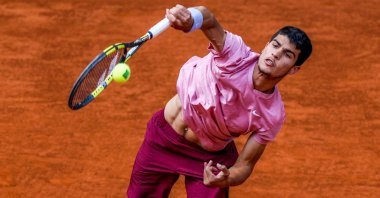 Spain's Carlos Alcaraz in action against France's Adrian Mannarino at the Mutua Madrid Open tennis tournament, Madrid, Spain, May 03, 2021. (EPA Photo)