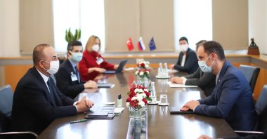 Foreign Minister Mevlüt Çavuşoğlu (L) and his delegation attend a meeting with Slovenian Foreign Minister Anze Logar (R) in Ljubljana, Slovenia, May 4, 2021. (AA Photo)