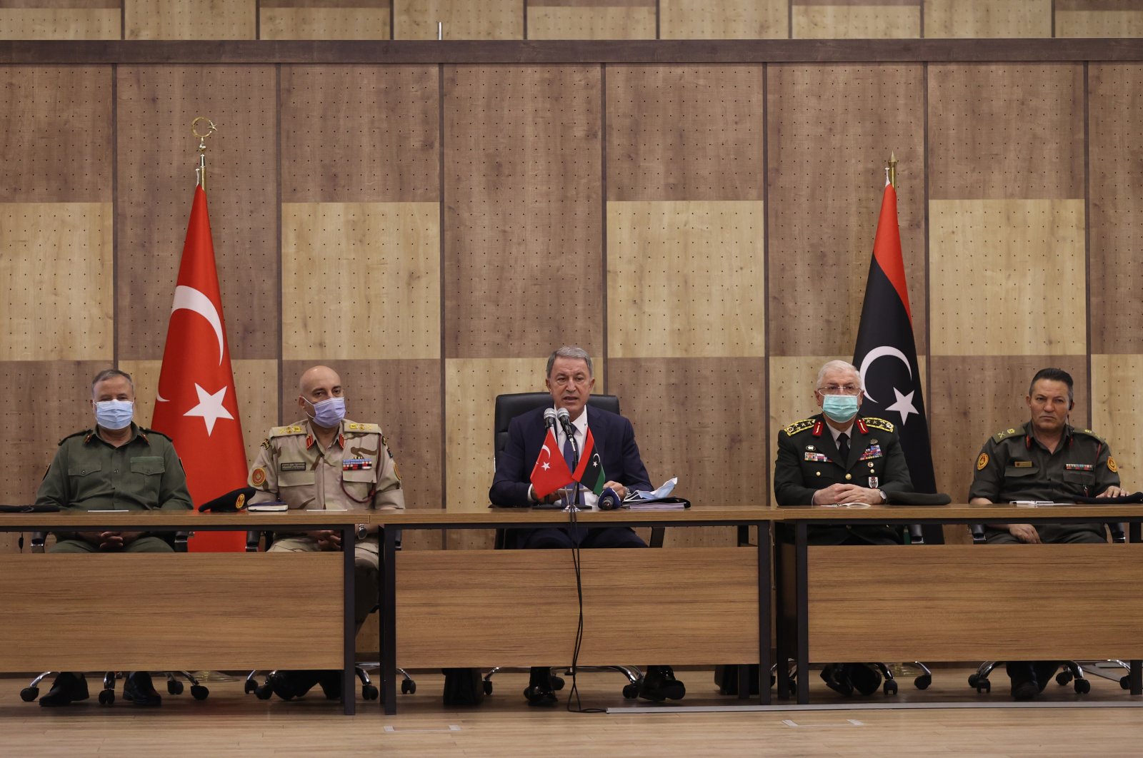 Turkey's Defense Minister Hulusi Akar (C) addresses Turkish military personnel in Tripoli, Libya, May 4, 2021. (AA Photo)