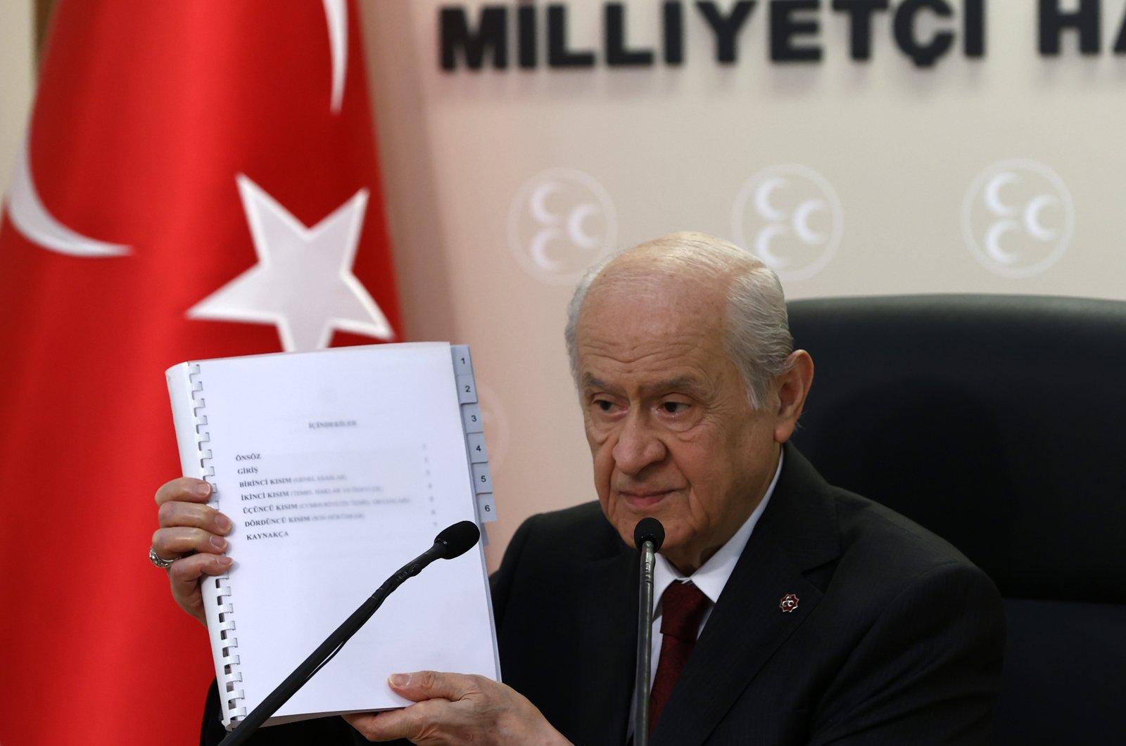 MHP Chairperson Devlet Bahçeli speaks to reporters about his party's constitution proposal at the MHP headquarters in Turkey's capital Ankara, May 4, 2021. (AA Photo)